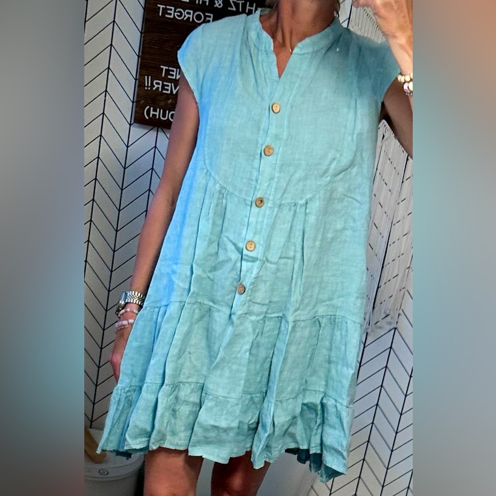 NWT 100% Linen Country Blue Tiered Button Dress | Made in Italy